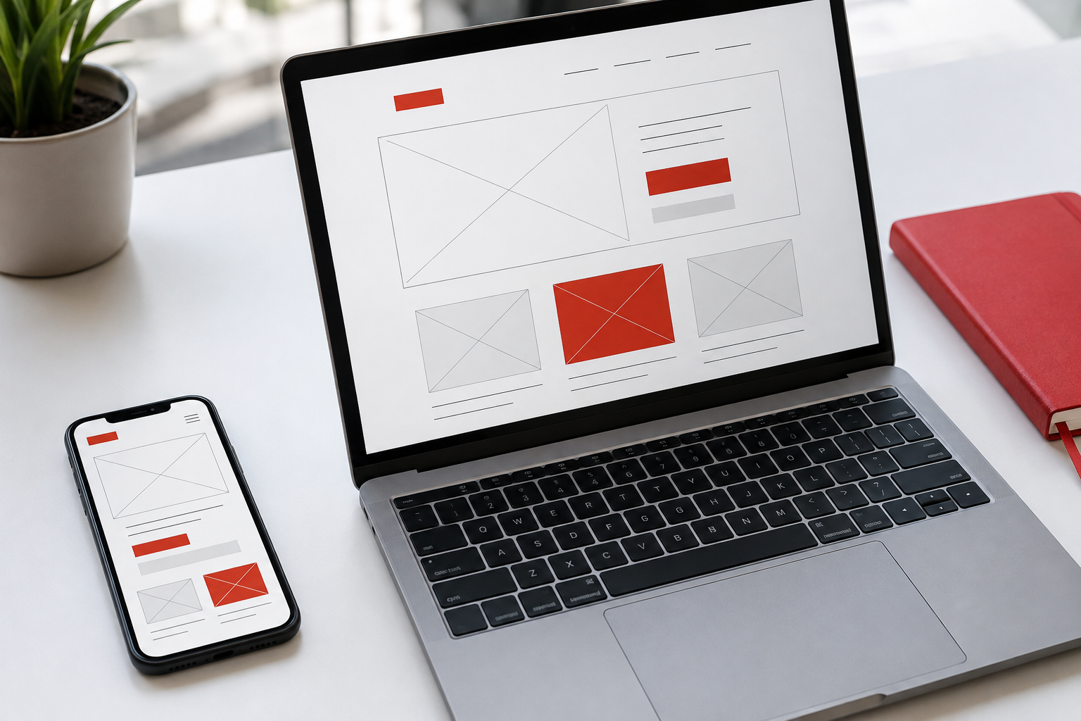Laptop dan ponsel di meja kerja dengan rancangan antarmuka web dan mobile